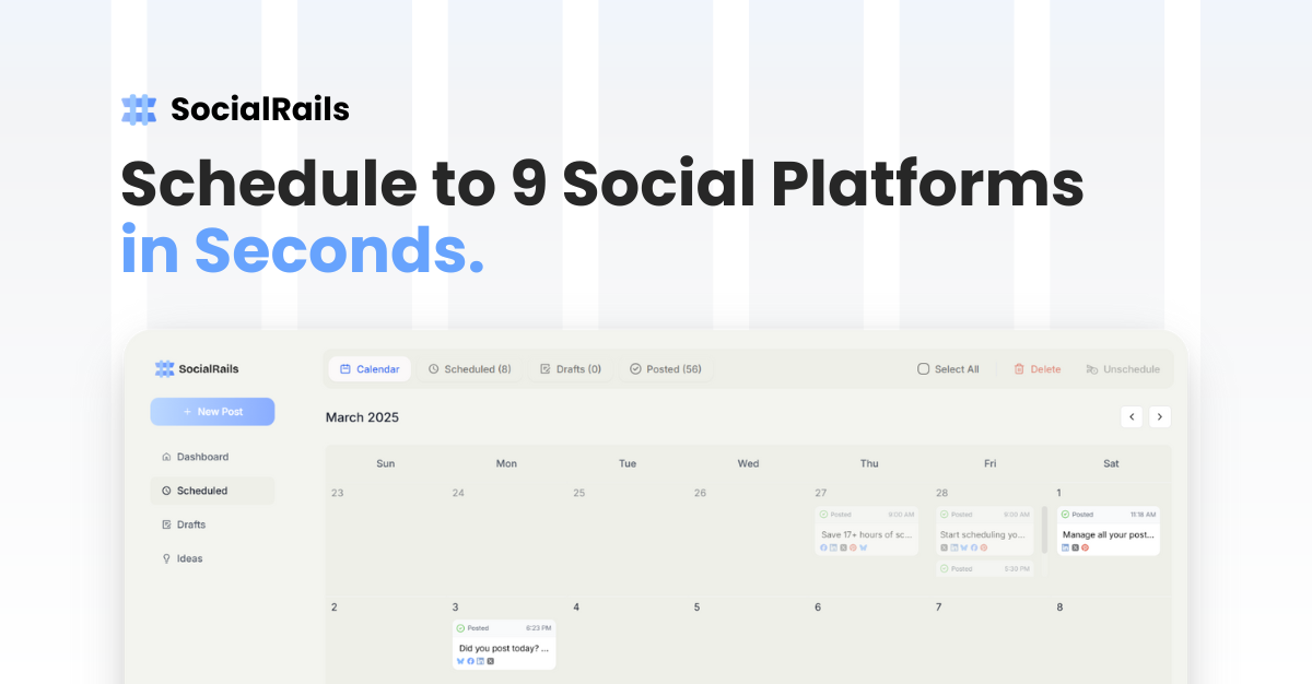 SocialRails | Schedule To 9 Social Media Platforms Open Graph Image
